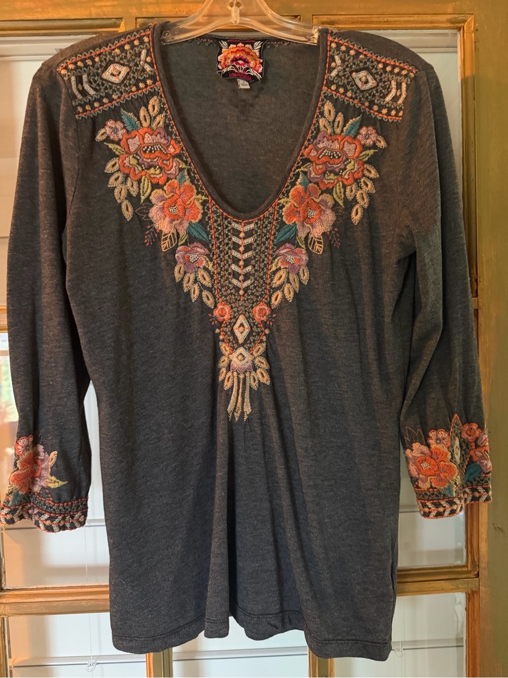 Johnny Was Charcoal V-Neck Embroidered Tunic with Coral Floral Accents